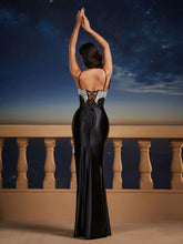 Spaghetti Strap Black Lace Mermaid Semi-Sheer Backless Baroque Long Dress With Train, Bridesmaid Gown